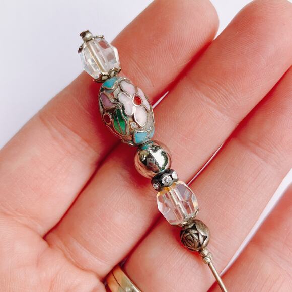 Vintage Mid Century Cloisonné Hat Pin AB Glass Beads Floral Stick Pin 1950s - Picture 12 of 16